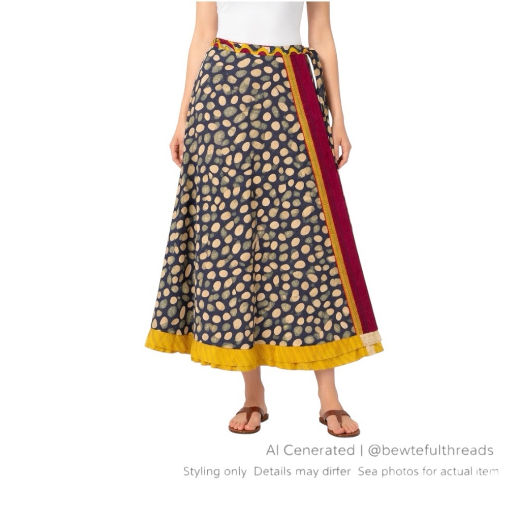 Darn Good Yarn XL (14-20) Reversible Sari Silk Wrap Skirt Yellow Boho Fair Trade